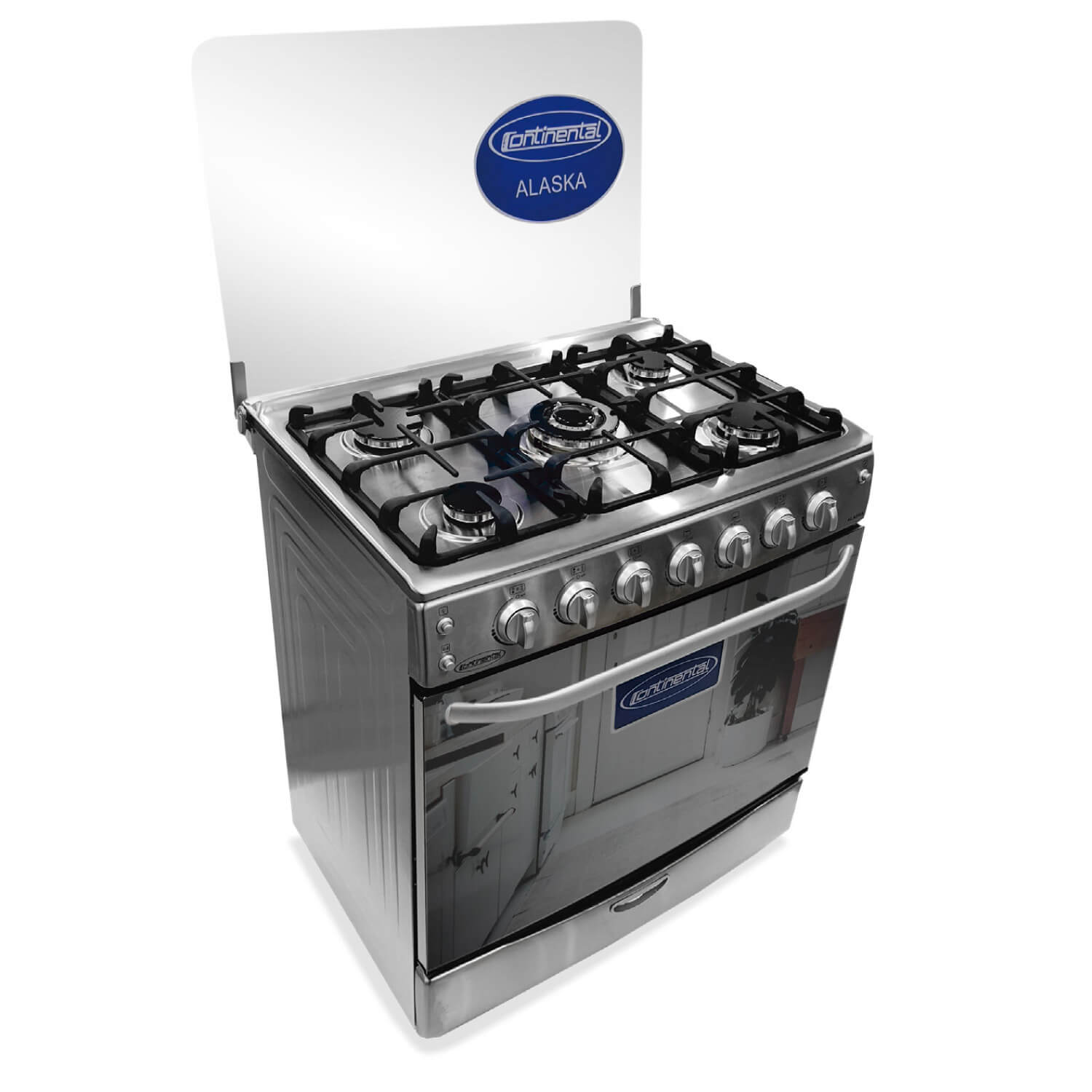 COCINA CONTINENTAL ALASKA 5 QUEMADORES 30 PLGDA TABLERO Y CUERPO ACERO INOXIDABLE GRILL 808