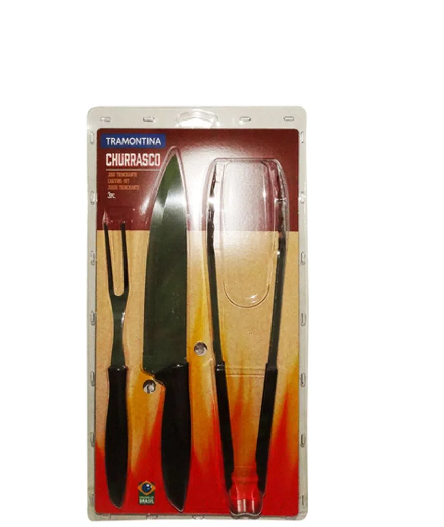 JUEGO PARA ASADO TRAMONTINA 3 PIEZAS CUCHILLO TENEDOR PINZA 29899/265