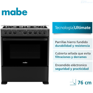 COCINA MABE CM3020FN0 6 QUEMADORES NEGRA 30 PLGDA TAPA CRISTAL ENC ELECTRI HORNO PARI/HIERRO/FUND