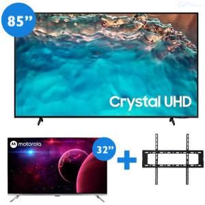 COMBO MUNDIAL 1  TELEVISOR MOTOROLA 32 SMART LED HD HEY GOOGLE BLUETOOTH 32MKGHD +TELEVISOR SAMSUNG 85 SMART CRISTAL LED 4K UHD HDMI + SOPORTE PARA TV THUNDERSOUND 37 A 100 PLGDA AJUSTABLE 5K11488 QF16-48T combo BellNovainser